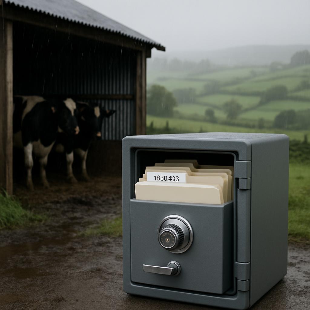 A gray safe with tan files inside, sitting outside a cowshed. Dataset: stable, safe Treasurer, multiple finances, 1860, 43...