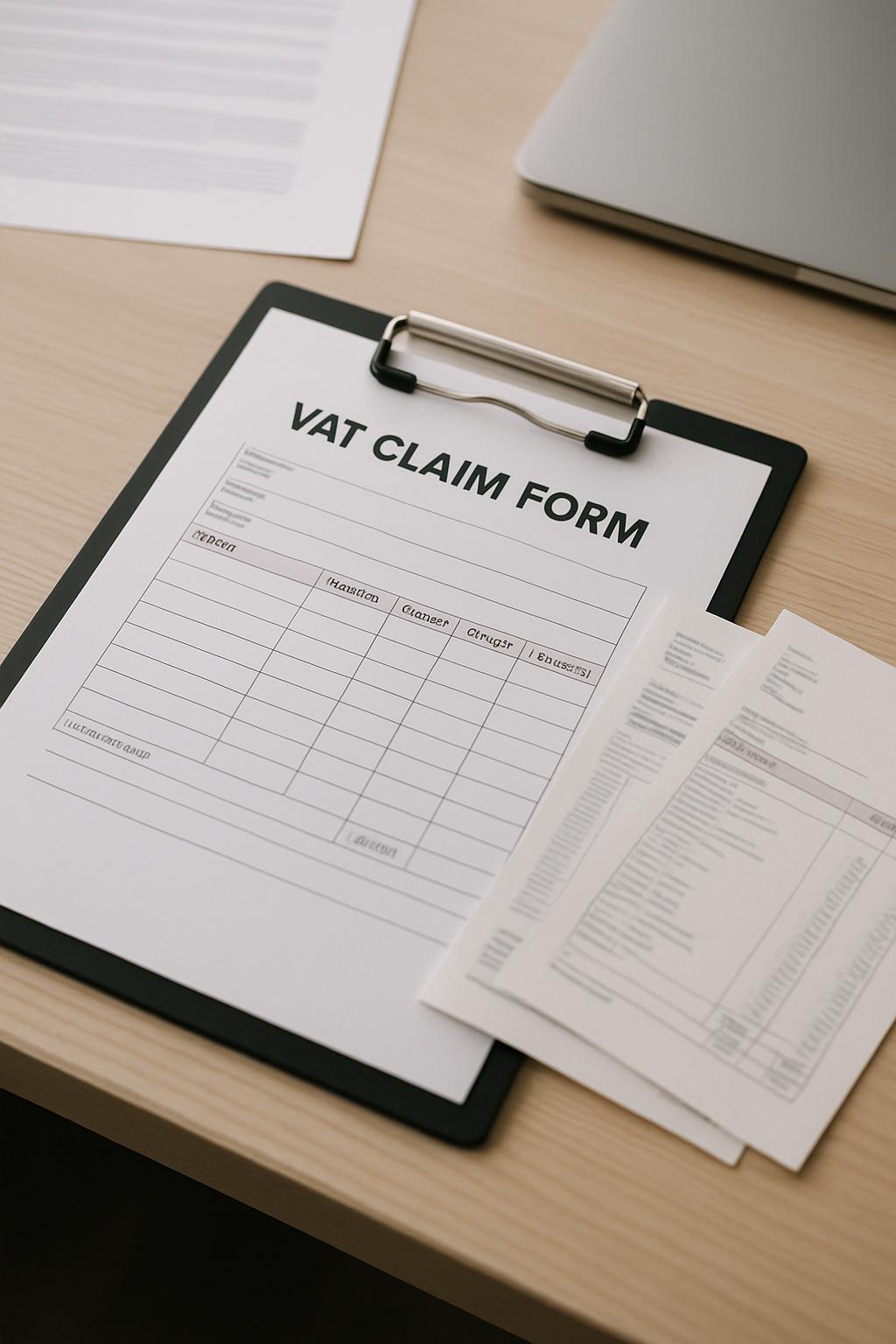 An image of a wooden desk with a clipboard featuring a VAT claim form, surrounded by papers and papers with a laptop in th...